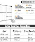 Frameless Sliding Bathtub Shower Door 60 X 60 Inch with Clear Tempered Glass and Smooth as Butter Double Slide Action plus Heavy Duty Brushed Nickel Hardware for a Sleek Modern Tub Setup that Keeps Things Chill in Your Bath model dimensions chart.