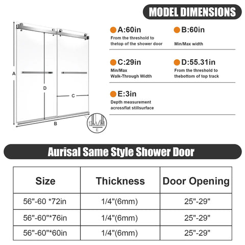 Frameless Sliding Bathtub Shower Door 60 X 60 Inch with Clear Tempered Glass and Smooth as Butter Double Slide Action plus Heavy Duty Brushed Nickel Hardware for a Sleek Modern Tub Setup that Keeps Things Chill in Your Bath model dimensions chart.