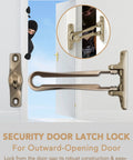 Close-up of Door Guard Swing Bar Lock For Outward Opening Doors, Heavy Duty Security Latch, zinc alloy matte gold finish, installed on door.