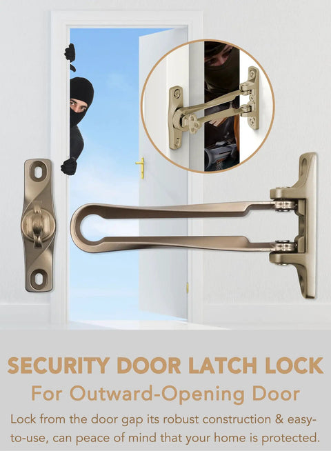 Close-up of Door Guard Swing Bar Lock For Outward Opening Doors, Heavy Duty Security Latch, zinc alloy matte gold finish, installed on door.