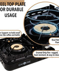 Top view of 15,000 BTU Dual Fuel Portable Camp Stove With Carry Case For Propane Or Butane Piezo Ignition Includes 4 Butane Cans Patented Design A Real Powerhouse For Emergency Prep Kit And Outdoor Cooking showing steel top plate and flame.