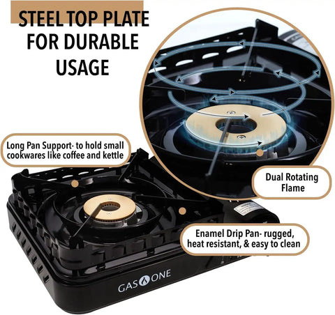 Top view of 15,000 BTU Dual Fuel Portable Camp Stove With Carry Case For Propane Or Butane Piezo Ignition Includes 4 Butane Cans Patented Design A Real Powerhouse For Emergency Prep Kit And Outdoor Cooking showing steel top plate and flame.
