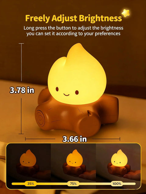 Lit Campfire Night Light Portable Flameless Candle With White Noise, 3.78in x 3.66in silicone flame lamp on wooden base