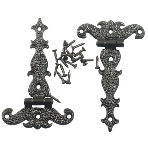 Antique Black T Strap Door Hinges Set 4.45 By 2.72 Inches, zinc alloy, includes screws, for barn doors, gates, and farmhouse decor.