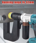 Cordless Electric Hydraulic Hole Puncher Kit with 2 Rechargeable Batteries showing 16-32mm punching diameter.
