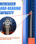 Detailed view of the heavy duty portable two post car lift with 8000 lbs capacity and electric lock chain drive system.