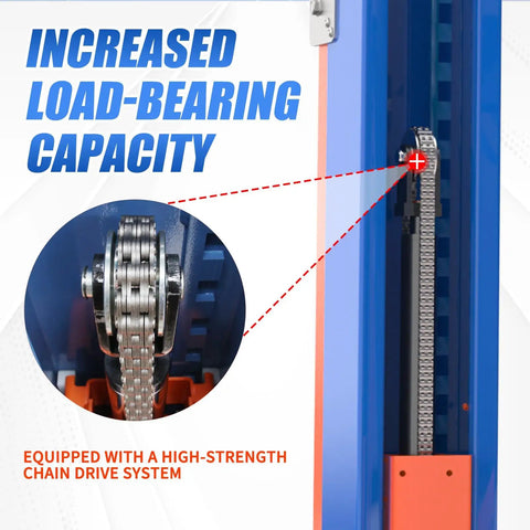 Detailed view of the heavy duty portable two post car lift with 8000 lbs capacity and electric lock chain drive system.