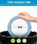 Sturdy 8.5 Inch Disposable Paper Plates 150 Count For Holidays Parties Picnics And Everyday Meals Heavy Duty Dinnerware Built For Mess Free No Fuss Cleanup And Easy Everyday Use. Plate with blue rim being held over trash can.