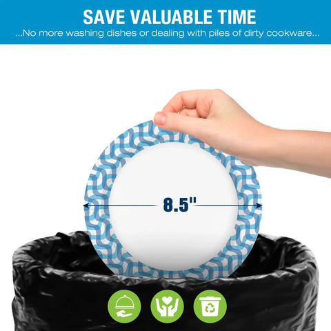 Sturdy 8.5 Inch Disposable Paper Plates 150 Count For Holidays Parties Picnics And Everyday Meals Heavy Duty Dinnerware Built For Mess Free No Fuss Cleanup And Easy Everyday Use. Plate with blue rim being held over trash can.