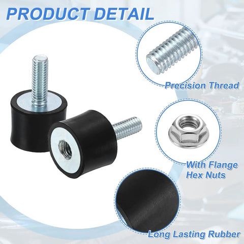 Close-up of M6 Heavy Duty Rubber Mounts 4 Pack Durable Rubber Cylindrical Anti Vibration Isolators with lock nuts and shock absorbers