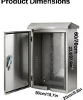 Heavy Duty Stainless Steel EV Charger Cover And Outdoor Wall Enclosure with open door showing dimensions 60/70cm, 50cm, 25cm.