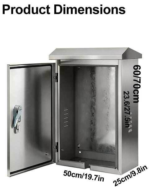 Heavy Duty Stainless Steel EV Charger Cover And Outdoor Wall Enclosure with open door showing dimensions 60/70cm, 50cm, 25cm.