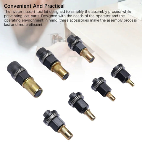 Ultimate Hand Rivet Nut Tool Kit For Furniture And Cars With M3 To M10 Sizes, Hardened Carbon Steel Build For Thin Sheet Metal Jobs, Heavy Duty Industrial Work, And Thick Pipe Projects Featuring A Convenient 7-Size Storage Box. M3-M10 rivet nut tool set, black and gold, seven sizes