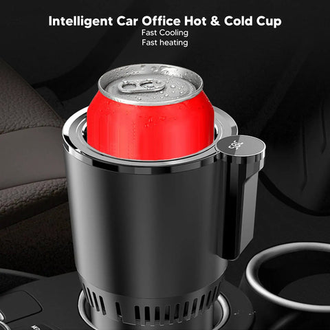 Premium Portable Travel Kettle With Car Power Cord And Bright Digital Display Keeps Your Daily Grind Piping Hot Or Ice Cold While You Cruise On Weekend Getaways in a car cup holder, showing a can inside.