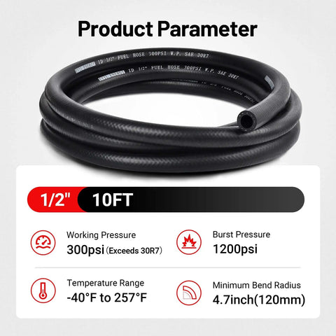 Half Inch Fuel Hose Line Kit With 8AN Push Lock Fittings NBR SAE 30R7 Ten Feet High Pressure 300 PSI Working Burst 1200 PSI