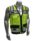 Job Site Staple Type R Level 2 Hi Vis Safety Vest With Eight Deep Pockets And Two Inch Reflective Tape Solid Crew Armor For Surveying Gigs And Roadside Grinds Safety Green Medium displayed on a mannequin.