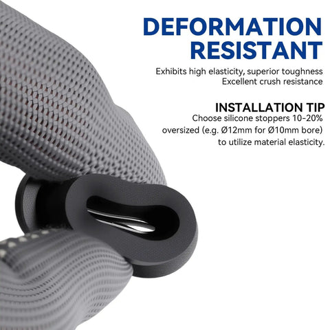 Close-up of black silicone plug from 135 Piece Black Silicone Plugs Kit For Round Holes 8 Size Set showing deformation resistance.