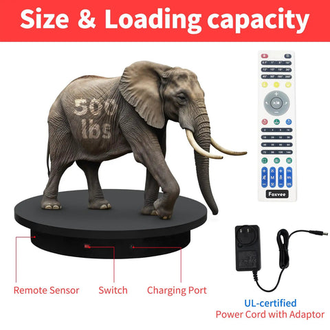 Foxvee Heavy Duty Motorized Turntable 23.6 Inch displaying an elephant model with remote control, showcasing 500 lbs capacity.