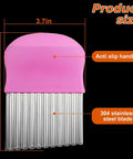 Pink waffle fry cutter for potatoes with 304 stainless steel blade and anti-slip handle.