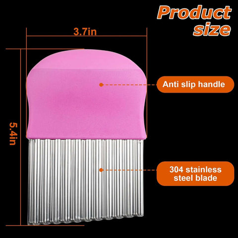 Pink waffle fry cutter for potatoes with 304 stainless steel blade and anti-slip handle.