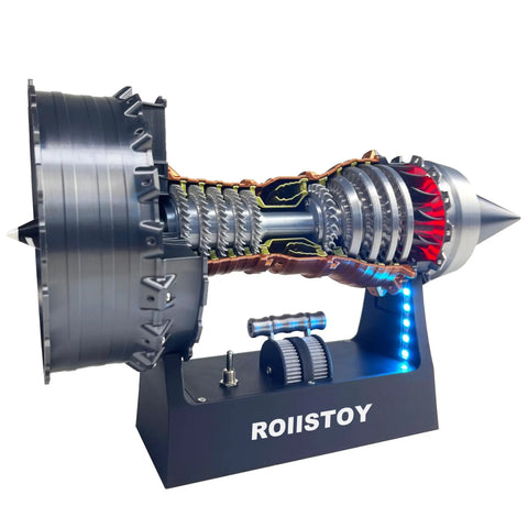 Jet Engine Model TR900 Turbofan Kit for Aviation Nerds, realistic aircraft engine replica on stand, side view.