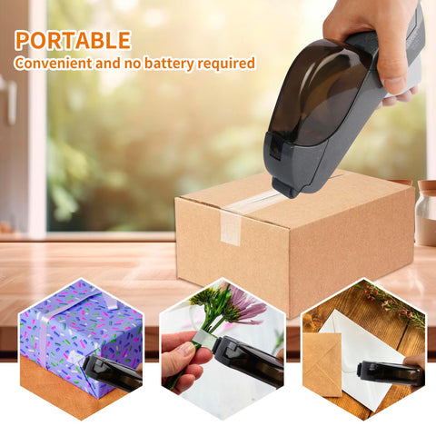 Dead Simple One Handed Automatic Tape Dispenser With Concealed Safety Cutter And Smooth Portable Grip For Quick Office Or Home Packing Tasks Includes Two Bonus Gray Rolls, dispensing tape on a box.