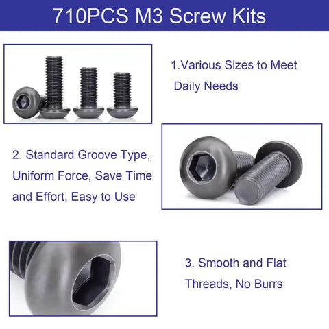 All In One M3 Screw Kit For 3D Printing With 710 Pcs Eight Lengths Of Screws M3x6mm to M3x30mm, black zinc plated screws.