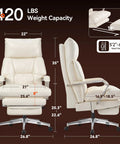 Front and side view of cream 160 Degree Reclining Office Chair with Footrest, ultra plush cushion, high back, leather upholstery.