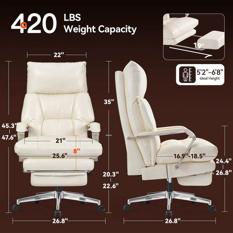 Front and side view of cream 160 Degree Reclining Office Chair with Footrest, ultra plush cushion, high back, leather upholstery.