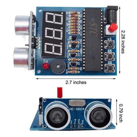Hands-On Soldering Practice Kit With HC-SR04 Ultrasonic Sensor Module, Ranging Alarm, Buzzer, And STC89C25 Microcontroller shown.