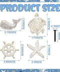 Coastal Nautical Cabinet Knobs Eight Piece Set With Starfish Sea Turtle Rudder Whale Pulls and sizes shown in white gold finish