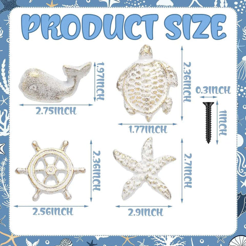 Coastal Nautical Cabinet Knobs Eight Piece Set With Starfish Sea Turtle Rudder Whale Pulls and sizes shown in white gold finish