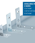 100 Pack Tough As Nails L Shaped Corner Braces 2 Inch 14 Gauge Zinc Coated Steel Angle Brackets For DIY Projects shown in three sizes.