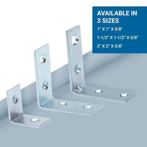 100 Pack Tough As Nails L Shaped Corner Braces 2 Inch 14 Gauge Zinc Coated Steel Angle Brackets For DIY Projects shown in three sizes.