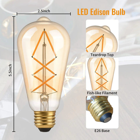 Dimmable LED Edison Bulbs ST64 2700K Soft White Amber Glass Vintage Filament Lights with E26 Base 60 Watt Equivalent