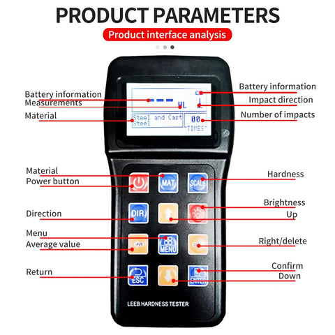 Front view of 7 In 1 Portable Metal Leeb Hardness Tester With D Sensor And Standard Block Durometer showing control buttons and screen display