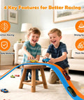 Kids playing with 15 Ft Flexible Race Track For Kids 3 Plus Roll Up Portable Starter Set With Strong Suction Cups For One Sixty Four Scale Diecast Cars