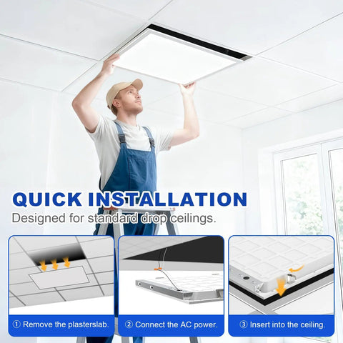 12 Pack 2x2 LED Flat Panel Light Kit With 6000LM For Drop Ceiling Installations, installation process shown