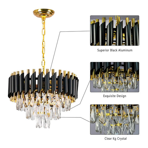 Modern Crystal Chandelier in Black and Gold 16 Inch 3 Tier Round Pendant Light with K9 Crystals and adjustable chain