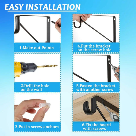 Easy installation steps for Super Strong 4 Pack Heavy Duty Closet Shelf Rod Brackets Holding 300 Pounds.