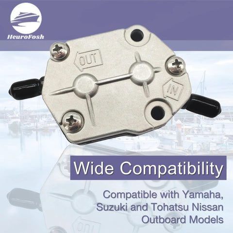 Go-To Fuel Pump Replacement For Yamaha Suzuki And Tohatsu Outboard Motors showing compatibility text