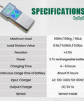 Pro Grade Digital Force Gauge With Backlit Display, Portable Push-Pull Meter For Peak Hold And Real-Time Measurements, A No-Fuss Thrust Meter For Insertion And Extraction Force Testing On The Go. Specifications chart showing 500N load and battery details.