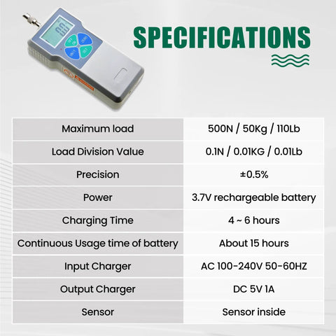 Pro Grade Digital Force Gauge With Backlit Display, Portable Push-Pull Meter For Peak Hold And Real-Time Measurements, A No-Fuss Thrust Meter For Insertion And Extraction Force Testing On The Go. Specifications chart showing 500N load and battery details.