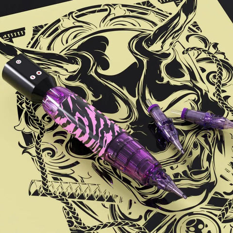 Wireless Tattoo Pen Kit For Beginners With 10 Needles And 7 Ink Colors, cordless pen with purple design on intricate background