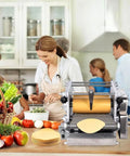 Automatic Electric Tortilla Maker Press With Non Stick Surface in a vibrant kitchen with family preparing food.