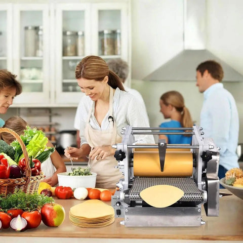 Automatic Electric Tortilla Maker Press With Non Stick Surface in a vibrant kitchen with family preparing food.