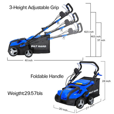 Electric walk-behind 16 Inch Dethatcher And Scarifier For Lawn with foldable handle and adjustable grip, 15 Amp copper motor.