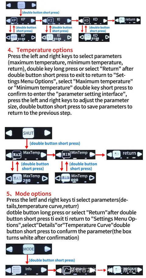 Diagram of temperature and mode settings for On The Go SMD Soldering Preheater Plate 65W With OLED Display.