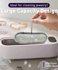 Rock Solid Stainless Steel Parts Washer Basket 3 Pack For Ultrasonic Jewelry And Machinist Parts Cleaner With Secure Lock Chain No Sweat Small Parts Washing Tray in use with jewelry.