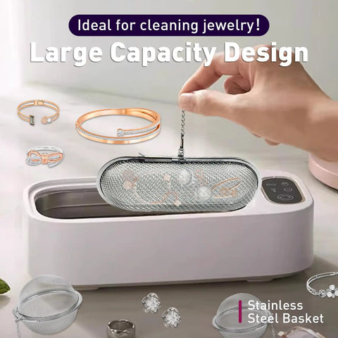 Rock Solid Stainless Steel Parts Washer Basket 3 Pack For Ultrasonic Jewelry And Machinist Parts Cleaner With Secure Lock Chain No Sweat Small Parts Washing Tray in use with jewelry.